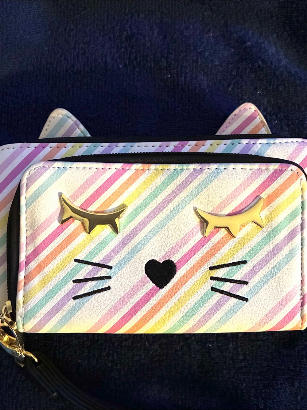Betsey Johnson Rainbow Stripe Cat Wallet with Gold Eyelash Accents - Multi